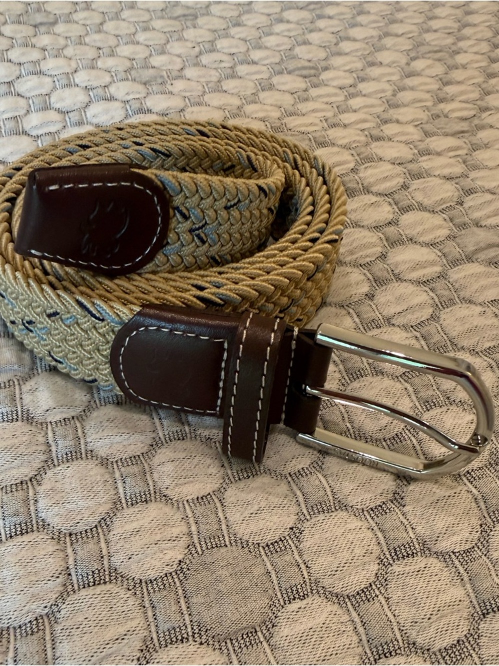 Braided Canvas Men's Belt with Brown Leather Trim - Beige